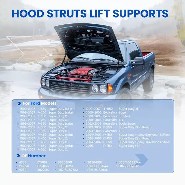 Alt view image 2 of 7 - Front Car Hood Struts 4339 for Ford F-250/F-350 Super Duty 1999-2007 | Fits F-250/F-350/F-450/F-550 Super Duty 1999-2007 & Excursion 2000-2005 | OE# SG304029/8194166 | 2 Pcs