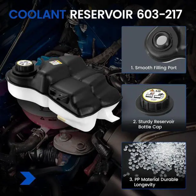 Alt view image 4 of 7 - 603-217 Engine Coolant Reservoir Tank for Ford 6.0L Diesel 03-07 | Fits Ford F-250/F-350/F-450/F-550 & Excursion 2003-2007 6.0L/5.4L/6.8L; OE 3C3Z8A080AE/6C3Z8A080B; 16PSI cap, pressurized