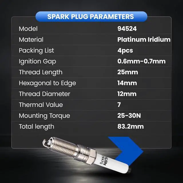 Alt view image 7 of 7 - 94524 Iridium Platinum Spark Plugs 4 Pack - Compatible with GMC Acadia 2020-2022 Compatible with Cadillac XT5 2020-2022, XT4 2019-2022, CT6 2019, XT6 2021-2022, CT5 2020-2022, CT4 & Chevy