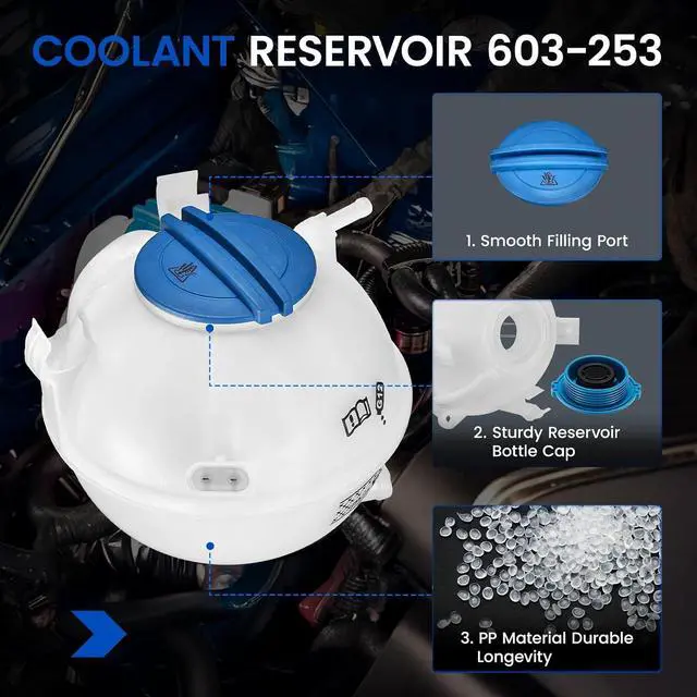 Alt view image 2 of 7 - 603-253 Coolant Tank for VW/Audi 06-19 | Fits Audi A3/Q3/TT/RS3 & VW Golf/Jetta/Passat/Beetle/Tiguan; OE 1K0121407A; 0.8L, 20PSI cap, with sensor; Direct replacement