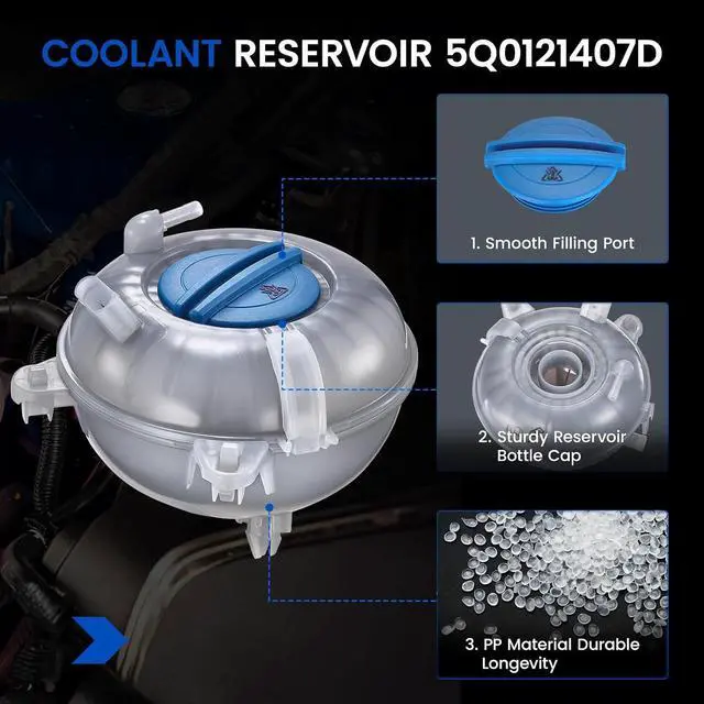 Alt view image 4 of 7 - 5Q0121407D Coolant Tank for Audi A3/VW Golf 15-16 | Fits Audi A3/S3 2015-2016 & VW Golf/GTI 2015-2016 1.4/1.8/2.0L; OE 5Q0121407F/V10-4399; with cap & sensor; Direct replacement