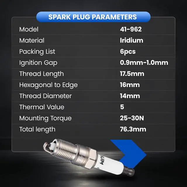 Alt view image 7 of 7 - 41-962 Iridium Spark Plugs 6 Pack - Compatible with Chevy Silverado Rainier Allure LaCrosse Escalade CTS Sierra H2 9-7x Ascender, 4.8L 5.3L 5.7L 6.0L 6.2L Engine - Replaces 19299585 Spark Plug