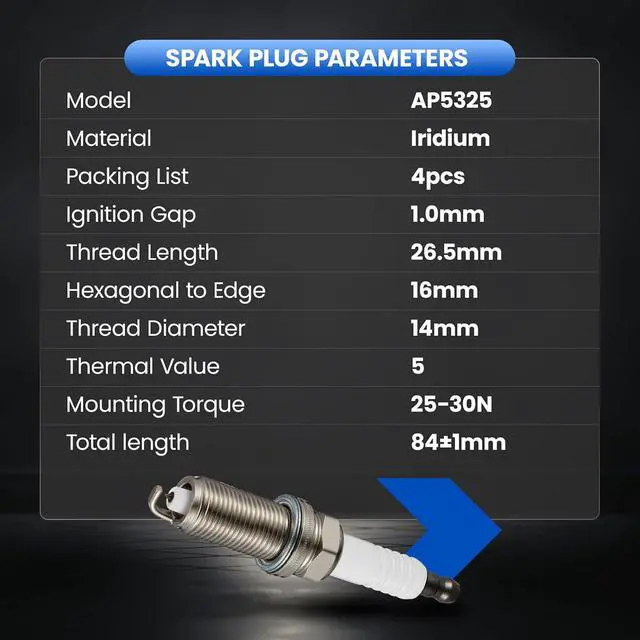 Alt view image 7 of 7 - AP5325 Iridium Spark Plugs 4 Pack - Compatible with Nissan Altima Sentra Compatible with Toyota RAV4 Sonata Tucson Sportage Cherokee, 1.8L 2.0L 2.4L 2.5L 2.7L Engine - Replaces 95712 Spark Plug