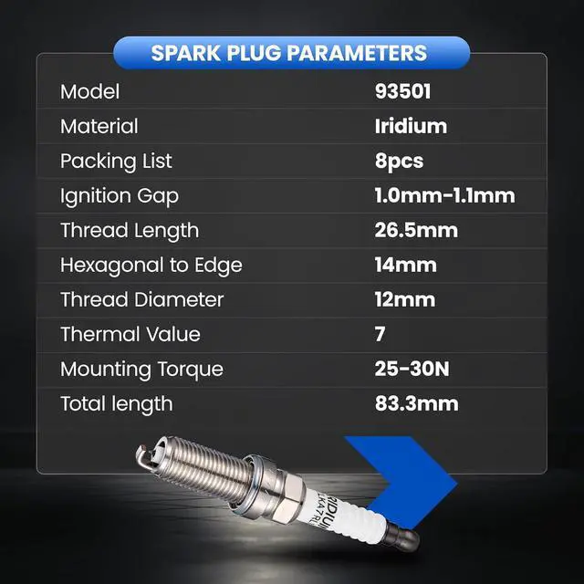 Alt view image 7 of 7 - 93501 Iridium Spark Plugs 8 Pack - Compatible with Nissan TITAN Armada 2017-2020, TITAN XD 2016-2020, NV2500 2018-2020, NV3500 Compatible with Infiniti QX80, M56, QX56 - Replaces LKAR7BIX-11S