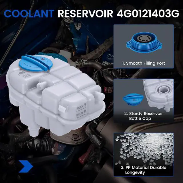 Alt view image 2 of 7 - 4G0121403G Coolant Tank for Audi A6/A7/S6/S7 12-18 | Fits Audi A6/A7/S6/S7/RS7 2012-2018; OE V10-8562/4G0121403AC; 1.64L, 20.3PSI cap, with sensor; Direct replacement