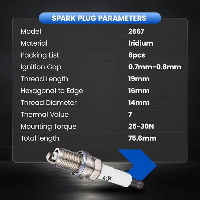 Alt view image 7 of 7 - 2667 Iridium Spark Plugs 6 Pack - Compatible with Porsche Cayman 2006-2008, 911 2003-2006, Boxster 2005-2008, 2.7L 3.2L 3.4L 3.6L Engine - Replaces BKR7EIX, 2551, XP3922 Spark Plug