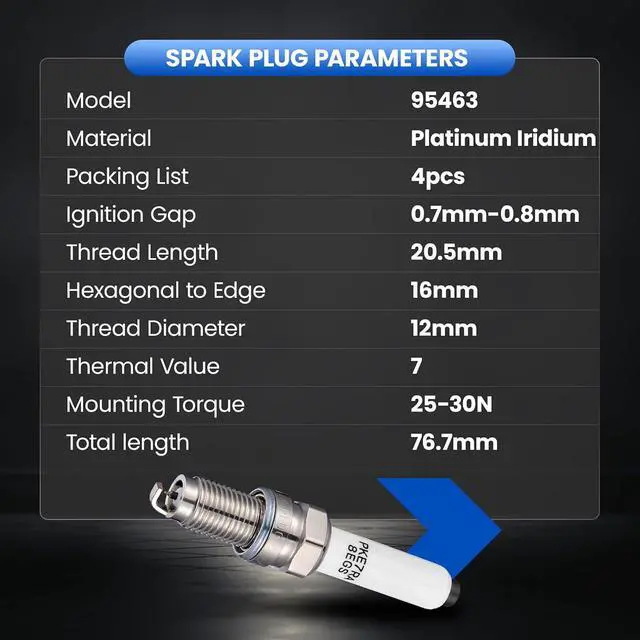 Alt view image 7 of 7 - 95463 Iridium Platinum Spark Plugs 4 Pack - Compatible with Volkswagen Jetta 2013-2018 Compatible with Audi A3 Sportback e-tron 2016-2018, 1.4L L4 Engine - Replaces PKER7A8EGS Spark Plug