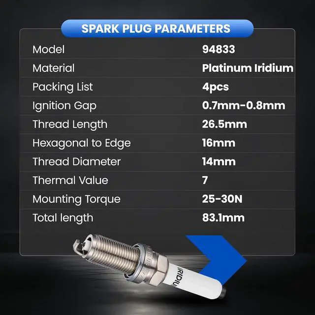 Alt view image 7 of 7 - 94833 Iridium Platinum Spark Plugs 4 Pack - Compatible with VW Jetta, Passat, Golf, Beetle, GTI & Compatible with Audi A4 allroad, A4 Quattro, Q5, Q7, A5 Sportback, A6, A3, TT Quattro & Macan