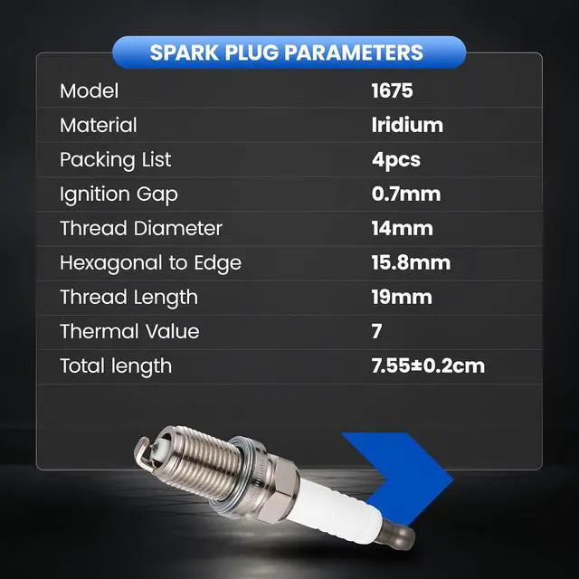 Alt view image 3 of 7 - 1675 Iridium Spark Plugs 4 Pack - Compatible with Audi A3 A4 A5 A6 Q3 Q5 R8 RS5 TT, Compatible with Volkswagen CC Jetta Golf Passat Tiguan, 2.0L 4.2L 5.2L Engine - Replaces PFR7S8EG Spark Plug