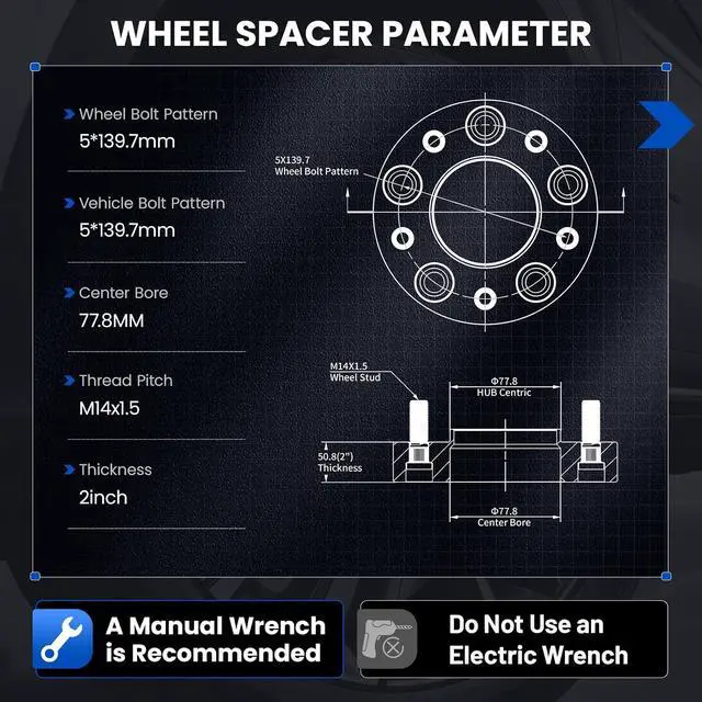 Alt view image 3 of 7 - 2 Inch Wheel Spacers 5x139.7 Compatible with Ram 2012-2018 1500,2019-2023 1500 Classic, 77.8 mm Center Bore & 5 Lug Forged 5x5.5 Wheel Adapters M14x1.5,Set of 4