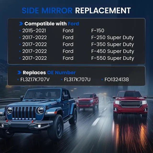 Alt view image 3 of 7 - Driver Left Side Lower Heated Towing Mirror Glass Compatible With Ford F150 F250 F350 F450 F550 Super Duty Truck Mirror 2015-2022, Left Side Convex Glass with Rear Holder FL3Z17K707V FL317K707U