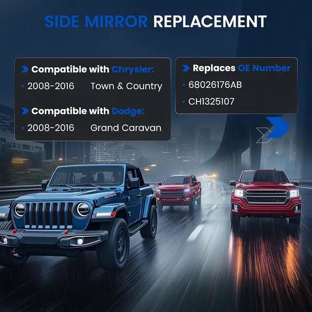 Alt view image 3 of 7 - Passenger Right Side Heated Mirror Glass Compatible With Chrysler Town & Country Compatible With Dodge Grand Caravan 2008-2016 Side Rear View Mirror Convex Glass with Backing Plate 68026176AB