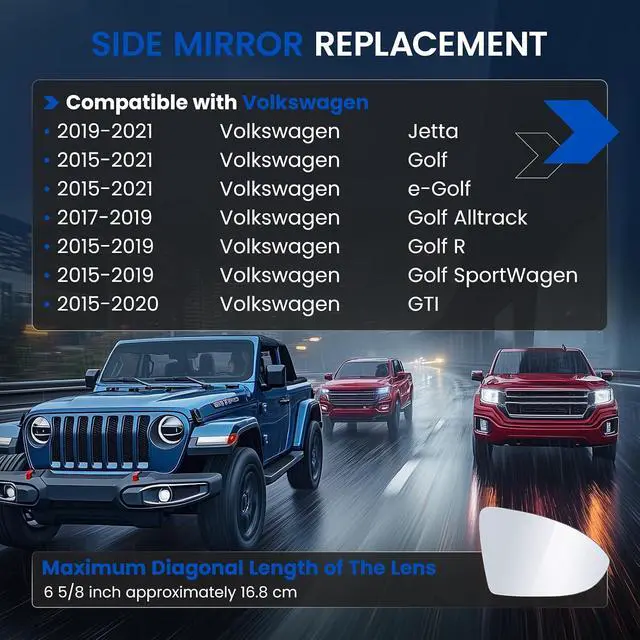 Alt view image 3 of 7 - Passenger Right Side Mirror Glass Compatible With Volkswagen VW 2015-2021 Golf Golf GTI 2019-2021 Jetta 2017-2019 Golf Alltrack 2015-2019 Golf R Golf SportWagen Right Side Mirror Convex Glass