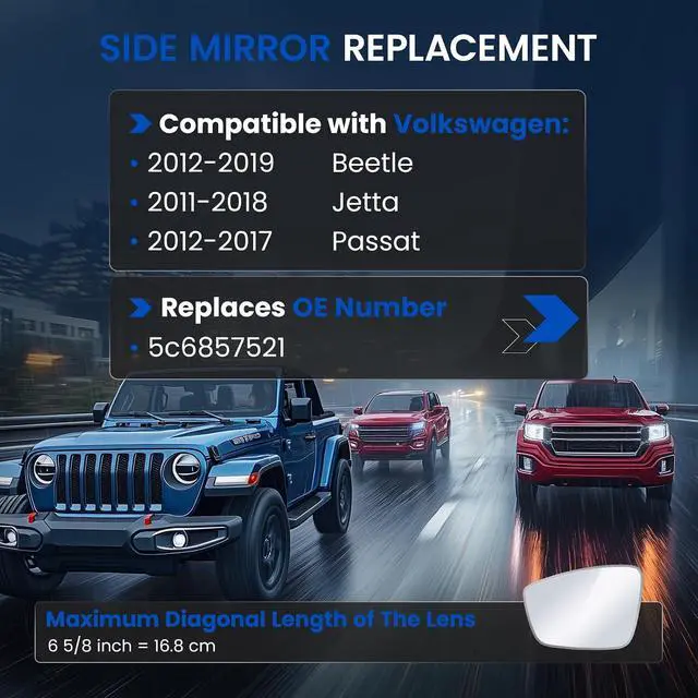 Alt view image 3 of 7 - Driver Left Side Mirror Glass Compatible With Volkswagen 2012-2019 Beetle, 2011-2018 Jetta, 2012-2017 Passat Driver Left Side Rear View Mirror Replaces 5c6857521, Including Full Size Adhesive