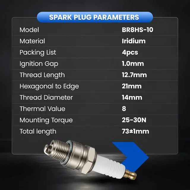 Alt view image 7 of 7 - BR8HS-10 Iridium Spark Plugs 4 Pack - Compatible with Yamaha 2-Stroke Outboard Compatible with Mariner 2-Stroke Outboard for Tohatsu For Motorcycle, Boat Engine - Replaces 1134 Spark Plug