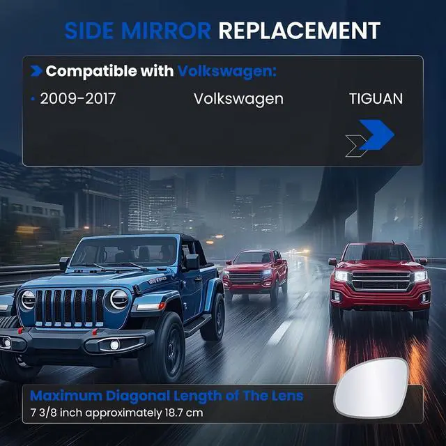 Alt view image 3 of 7 - Driver Left Side Mirror Glass Compatible With Volkswagen VW TIGUAN 2009-2017, Driver Left Side LH Rear View Mirror Convex Glass (No Backing Plate)(Non-Heated)