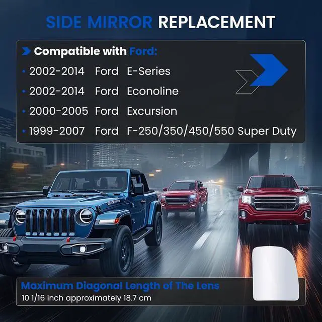 Alt view image 3 of 7 - Passenger Right Side Upper Mirror Glass Compatible With Ford E150 E250 F250 F350 F450 F550 Super Duty Pickup Truck Econoline Excursion E-Series Passenger Right Side Rearview Flat Mirror Glass