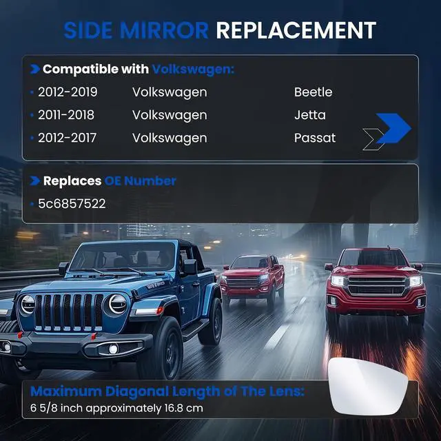 Alt view image 3 of 7 - Passenger Right Side Mirror Convex Glass Compatible With Volkswagen 2012-2019 Beetle, 2011-2018 Jetta, 2012-2017 Passat Passenger Right Side RH View Mirror, Including Full Size Adhesive