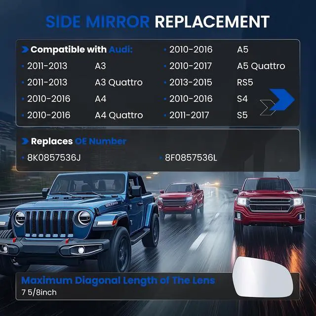 Alt view image 3 of 7 - Passenger Right Side Mirror Glass 8K0857536J Compatible With Audi S5 S4 A3 A3 Quattro A4 A4 Quattro A5, Passenger Right Side RH Rearview Mirror Convex Glass (No Backing Plate)(Non-Heated)