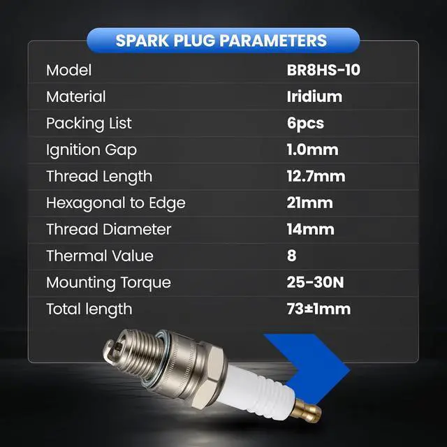 Alt view image 7 of 7 - BR8HS-10 Spark Plugs 6 Pack - Compatible with Yamaha 2-Stroke Outboard Compatible with Mariner 2-Stroke Outboard for Tohatsu 2-Stroke Outboard Engines - Nickel - Replaces 1134 Spark Plug