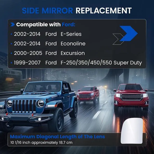 Alt view image 3 of 7 - Driver Left Side Upper Mirror Glass Compatible With F250 F350 F450 F550 Super Duty Pickup Truck E150 E250 Econoline Excursion E-Series Driver Left Side Flat Glass Rear View Mirror