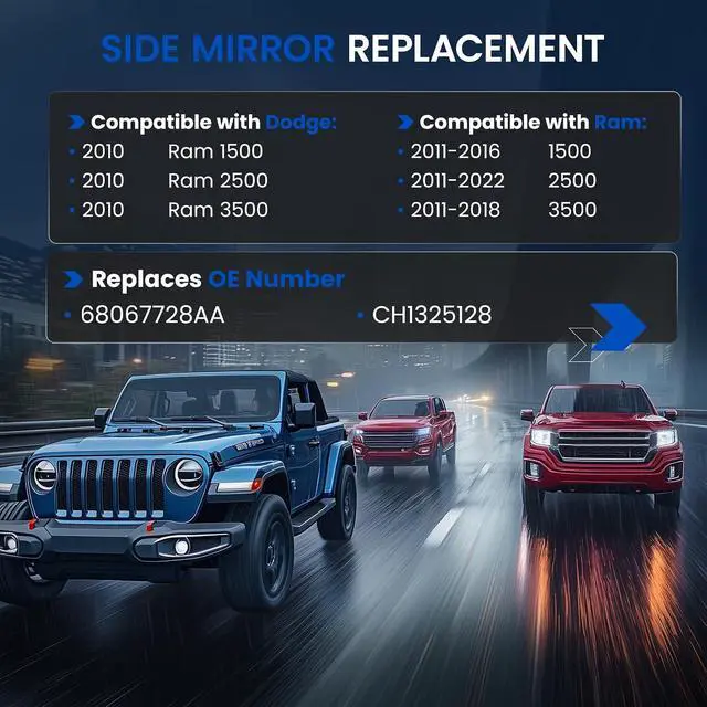 Alt view image 3 of 7 - Passenger Upper Side Heated Mirror Glass Compatible With Dodge Ram 1500 2500 3500 2010-2020 Passenger Right Side Rear View Mirror Flat Glass with Backing Plate Replaces 68067728AA CH1325128
