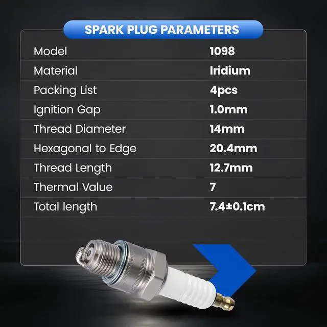 Alt view image 4 of 7 - 1098 Iridium Spark Plugs 4 Pack - Compatible with Nissan Tohatsu Suzuki Yamaha 9.9HP150HP Engines, Replacement for BR7HS10 Marine Outboard Spark Plug