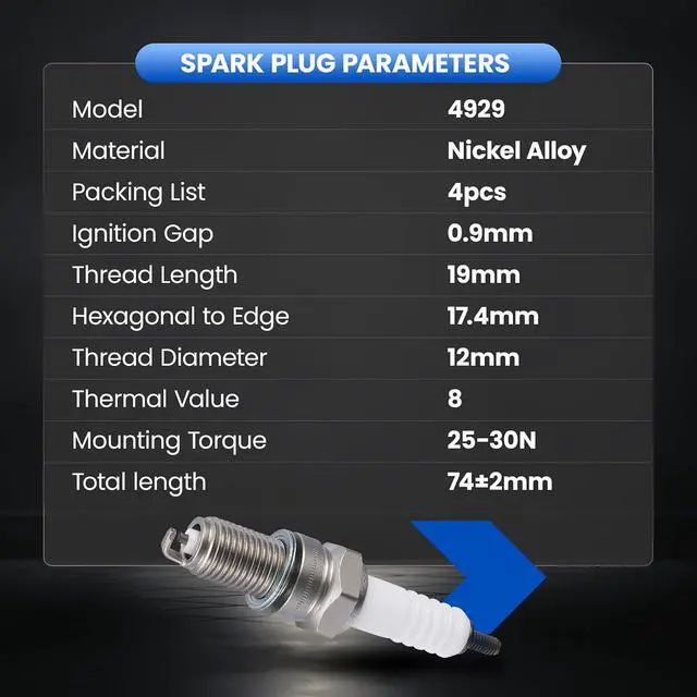 Alt view image 7 of 7 - 4929 Spark Plugs 4 Pack - Compatible with Honda Compatible with Kawasaki for Yamaha for Suzuki for Triumph for KTM For Motorcycle - Nickel - Replaces DPR8EA-9 Spark Plug