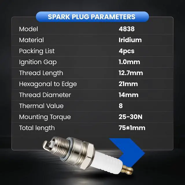 Alt view image 7 of 7 - 4838 Iridium Spark Plugs 4 Pack - Compatible with Mercury Mariner 40hp 45hp 50hp 60hp 125hp etc. Boat Engine - Replaces BP8H-N-10 Spark Plug