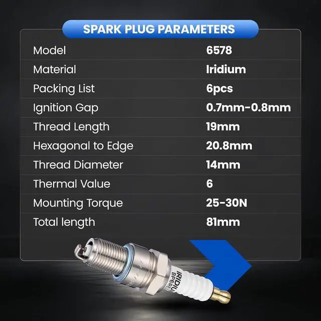 Alt view image 7 of 7 - 6578 Iridium Spark Plugs 6 Pack - Compatible with Jeep Cherokee Compatible with Chrysler 300 Chevy Suburban Special Calais Caravan Dakota Dart, 2.0L 3.2L 5.0L - Replaces BPR4ES Spark Plug