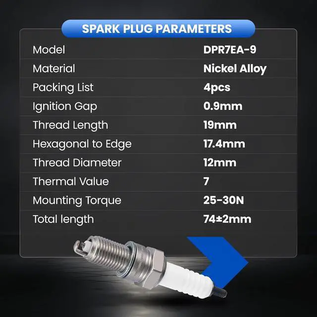 Alt view image 7 of 7 - DPR7EA-9 Spark Plugs 4 Pack - Compatible with Honda for Yamaha for Arctic Cat Compatible with Suzuki for Triumph for Kawasaki For Motorcycle - Nickel - Replaces 5129 Spark Plug