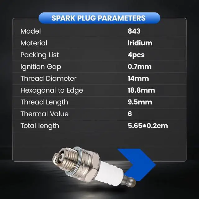 Alt view image 4 of 7 - 843 Iridium Spark Plugs 4 Pack - Compatible with Mitsubishi (MEL401/501), Echo (KEH202D, SV2), Fuji Robin (EC12/EC13), Kohler (SDT250/400), Shindaiwa (GP25/45) for Lawn Mower