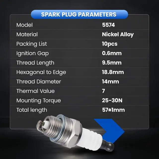 Alt view image 7 of 7 - 5574 Spark Plugs 10 Pack - Compatible with Universal engine for garden machines, lawn mowers, trimmers, etc - Nickel - Replaces BPMR8Y Spark Plug