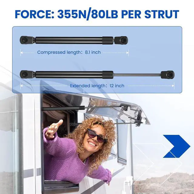 Alt view image 2 of 7 - C1612106 12" Gas Strut,80Lbs/356N Lift Support,Gas Spring for Truck Pickup Tool Box Boat Deck, Weatherguard CSPS Aluminum Toolbox are Topper Camper Shell Side Window, 2-Piece Set (C16-12106)
