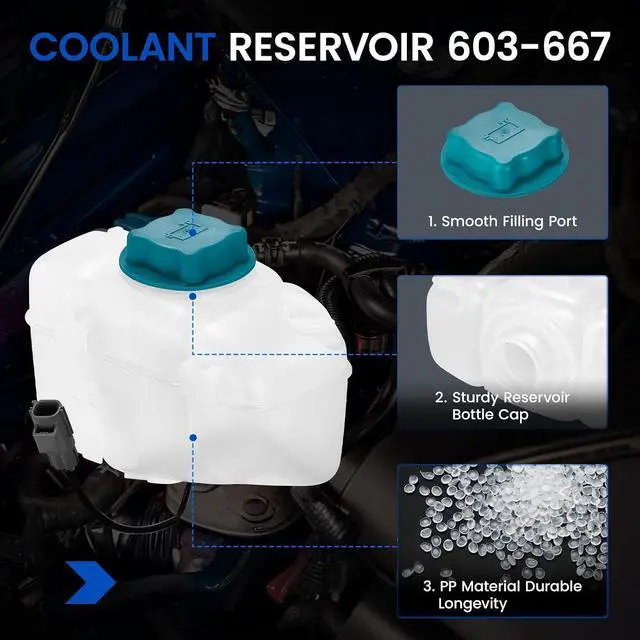 Alt view image 4 of 7 - 603-667 Engine Coolant Reservoir Tank for Volvo XC90/XC70/S80 | Fits Volvo XC90 2003-2014 & XC70/S80 1999-2016 2.5-4.4L; OE 30760100/86834553; 1L, pressurized cap, with sensor; Direct fit