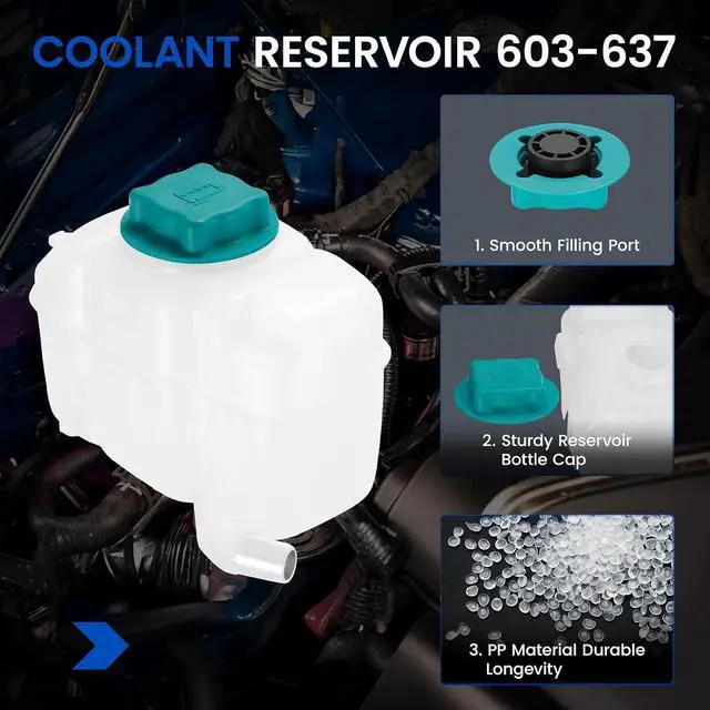 Alt view image 2 of 7 - 603-637 Engine Coolant Reservoir Tank for Volvo S60/S80/V70/XC90 | Fits Volvo S60 01-09, S80 99-06, V70 98-07, XC90 03-14 2.3-2.9L; OE 30741973/30741154; 1L, 21.7PSI cap, w/o sensor; Direct