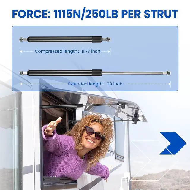 Alt view image 2 of 7 - ST200M1-250 20" Gas Strut,250Lbs/1112N Lift Support,Gas Spring for RV Bed Heavy Lid Truck Cover Camper Trailer Door Mattress Storage Boat Hatch Replacement, 2-Piece Set