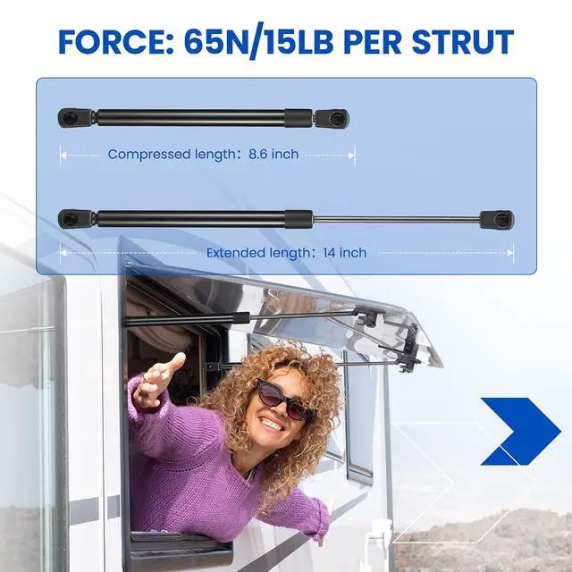 Alt view image 2 of 7 - SX140P15 14" Gas Strut Shock,15Lbs/67N Lift Support,14 inch Gas Spring Shocks Prop Lift for Camper Shell Window Truck Cap Canopy Rear Glass Topper Replacement, 2-Piece Set