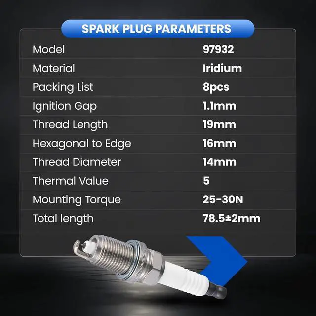 Alt view image 7 of 7 - 97932 Iridium Spark Plugs 8 Pack - Compatible with Dodge Dakota 2005 2006 2007, 4.7L Engine - Replaces IZFR5L-11, IZFR5L11 Spark Plug