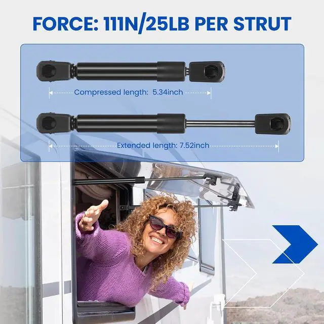 Alt view image 2 of 7 - 4053 7.5" Gas Strut 7.5 inch 25Lbs/111N Struts Shock Lift Support Gas Spring for Truck Cap Window Leer Topper Camper Shell Tool Box Storage Boxes Chest, 2 Pcs Set