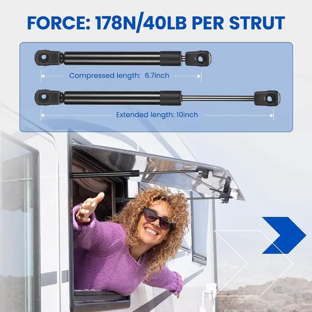 Alt view image 2 of 7 - C16-09322 10" Gas Strut 10 inch 40Lbs/178N Struts Shock Lift Support Gas Spring for Camper Window Toolbox Lid Leer Pickup Truck Underbed Storage Box Cover Custom-built Window Cabinet Door,2 Pcs