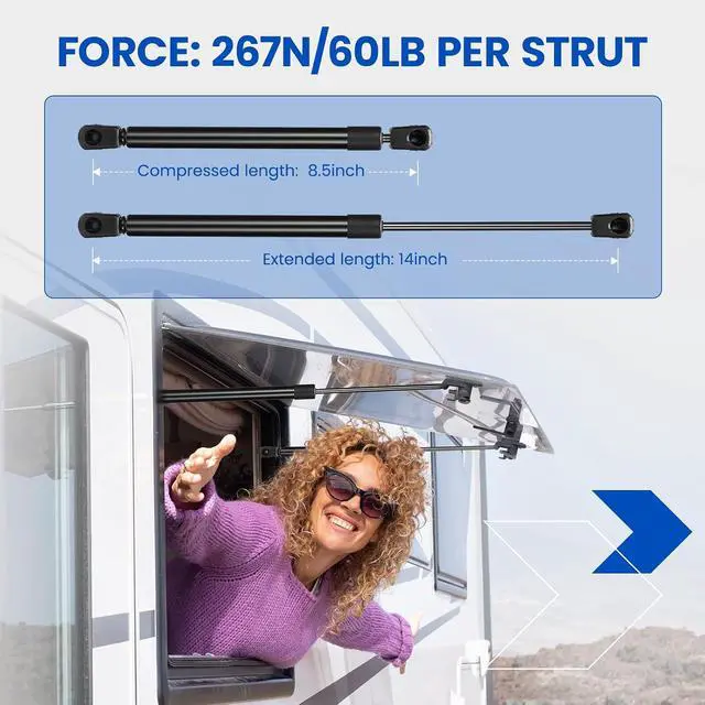 Alt view image 2 of 7 - C16-08584 14" Gas Strut 14inch 60Lbs/267N Struts Shock Lift Support Gas Spring for are Leer Camper Shell Window Toolbox Truck Camper Shell Tailgate Assist Shock Car Hood and Hatch Lift, 2pcs