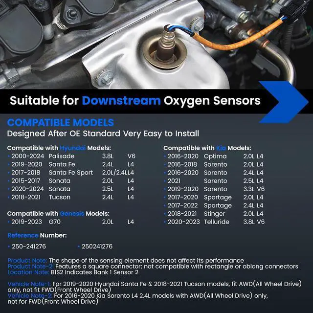 Alt view image 2 of 7 - Oxygen O2 Sensor 250-241276 Downstream Compatible with Hyundai Santa Fe Sport Tucson Sonata Palisade, Compatible with Kia Optima Sorento Sportage Stinger Telluride, 1PCS