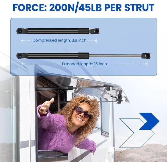 Alt view image 3 of 7 - C16-23933 ML1345 15" Gas Strut, 45Lbs/200N Lift Support, Gas Spring for RV Motorhome Cargo Storage, Snugtop Camper Topper Shell Rear Window, Truck Canopy Cap Cover, Cabinets Door, 2-Piece Set