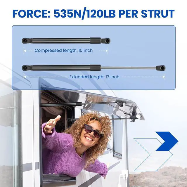 Alt view image 3 of 7 - C16-10171 C16-11252 17" Gas Strut, 120Lbs/534N Lift Support, Gas Spring forLeer are Camper Shell Truck Topper Rear Window, Pickup Cab Canopy Door, RV Door, RV Bed Replacement, 2-Piece Set