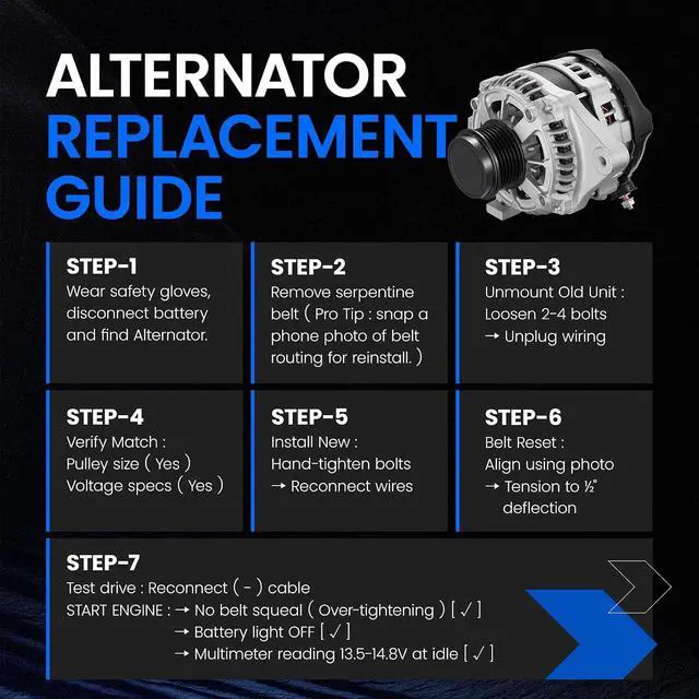 Alt view image 5 of 7 - 11693 Alternator for Toyota Corolla 20142019 1.8L L4, 115A | 12V, Clockwise Rotation, 6Groove Decoupler Pulley