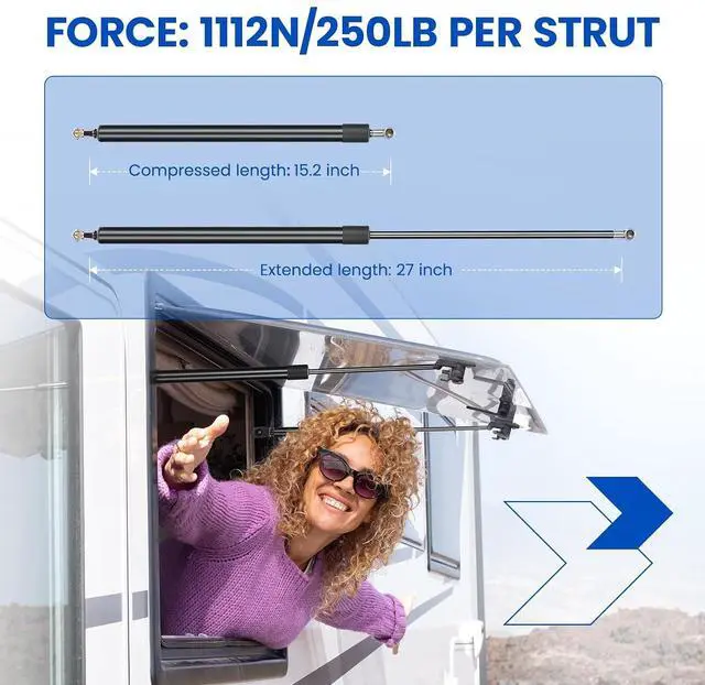 Alt view image 3 of 7 - ST270M250M10 27" Gas Strut, 250Lbs/1112N Lift Support, Gas Spring for are Leer Camper Shell Topper Rear Window, Snowmobile Sled Trailer Heavy Trailer Cap Door Truck Cap Basement Door, Set of 2