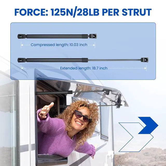 Alt view image 3 of 7 - C16-21220 18" Gas Strut, 28Lbs/125N Lift Support, 18.7 inch Gas Spring for are Topper Snugtop Canopy Leer Truck Cap Camper Shell Canopy Window, Tool Box Lid Replacement, 2-Piece Set (C1621220)