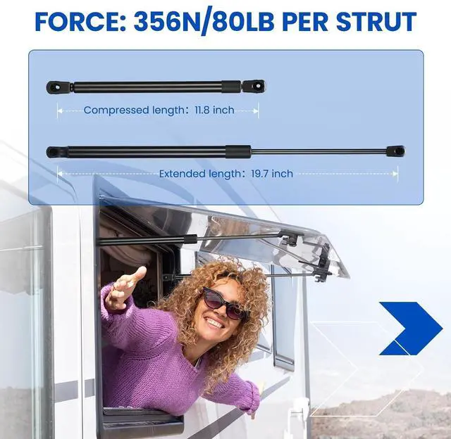 Alt view image 2 of 7 - C16-08053 20 inch 80Lb/356N Gas Struts Shock 20" 80lb Gas Spring Lift Support for RV Queen Tanning Bed Murphy Bed, Tonneau Cover RV Door Gas Shocks Lift Lid, 2 Pcs Set