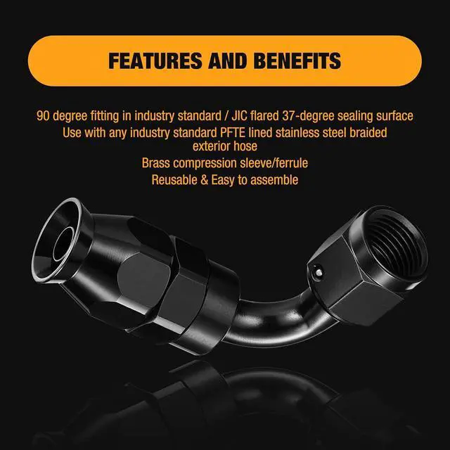 Alt view image 6 of 7 - 6AN PTFE 90 Degree Hose End Fitting Aluminum